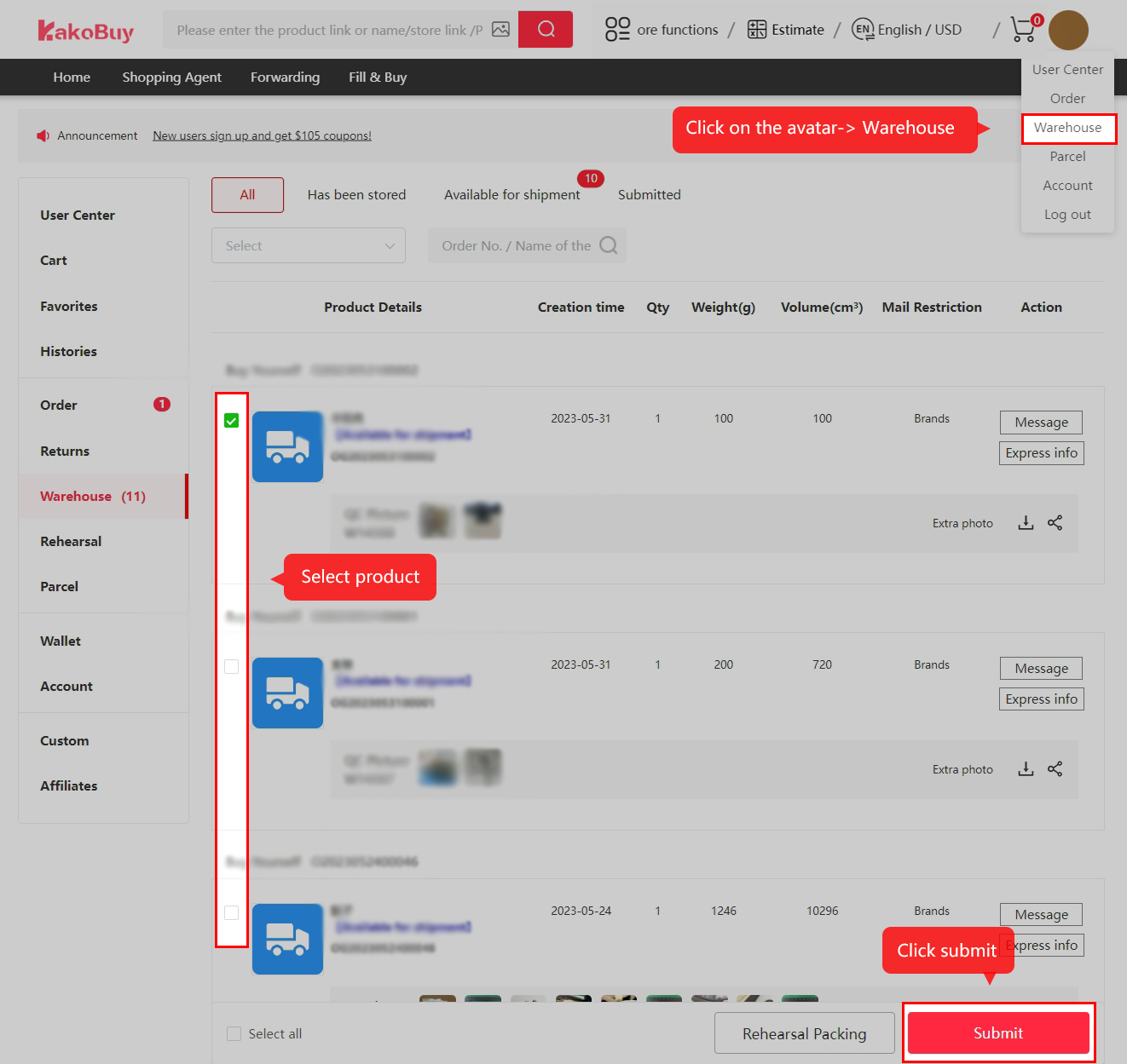 Select the stored items for your parcel