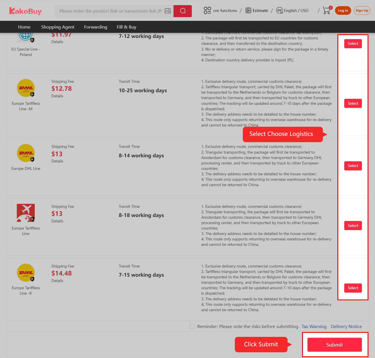 Choose an eligible logistics service