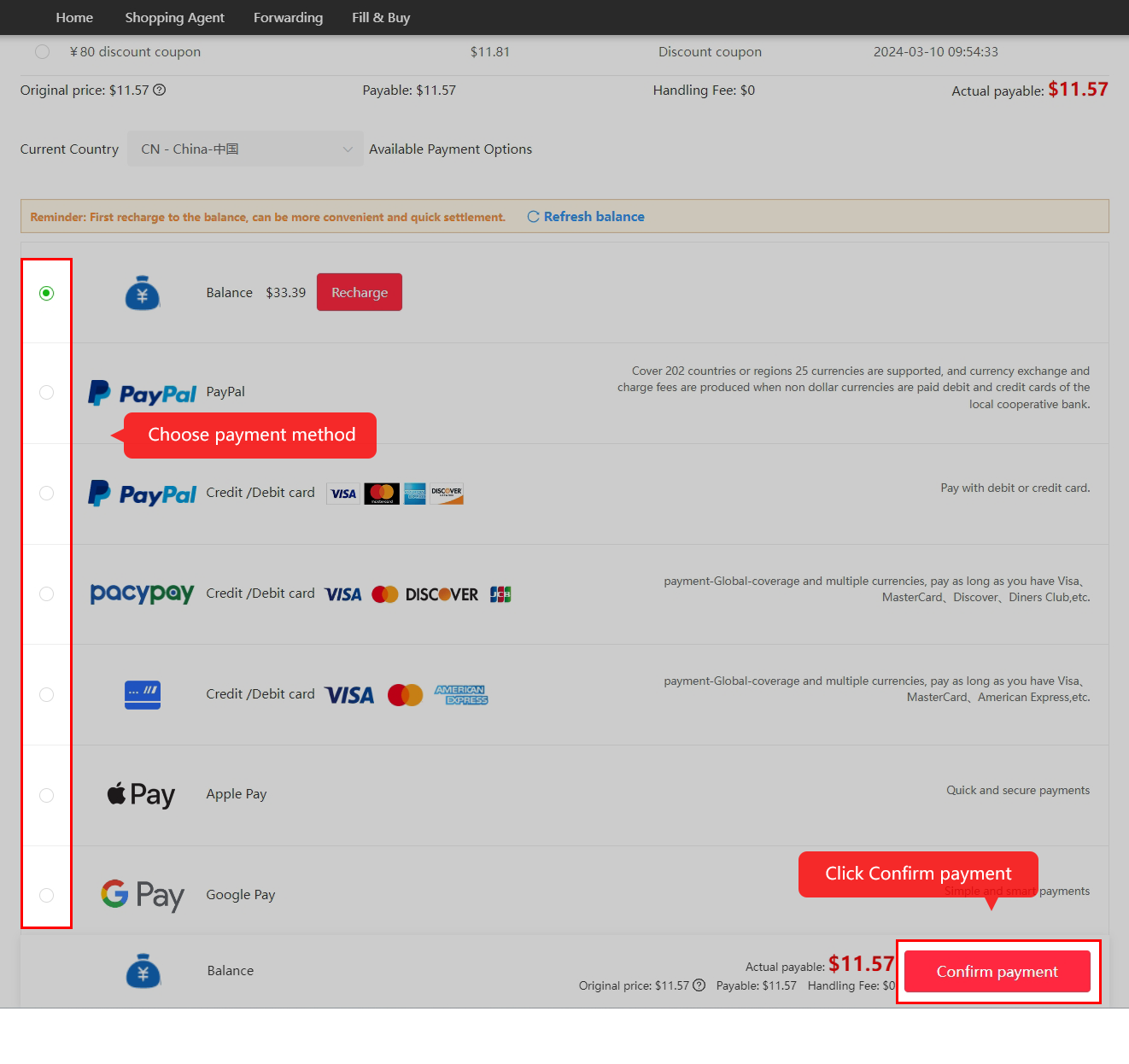 Review the parcel checkout and pay international fees